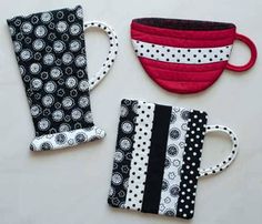 three pieces of fabric with coffee cups and polka dots on them, sitting next to each other