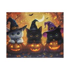 three cats sitting on pumpkins in front of a full moon with bats and witches