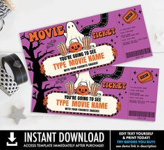 two halloween movie tickets with the words boo - vie, boo - ve and type movie name on them