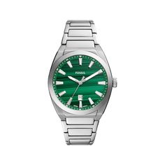 Featuring colors that are on trend for the season, this sporty Everett quartz watch from Fossil favors the bold. 42mm stainless steel case Genuine green malachite stone dial with date display, eye-catching luminous hands and markers, date display and mineral crystal Stainless steel H-link bracelet with push-button deployment clasp Water-resistant to 50 meters Green Malachite, Malachite Stone, Three Hands, Stainless Steel Watch, Minerals Crystals, Men's Watch, Push Button, Quartz Watch, Stainless Steel Case