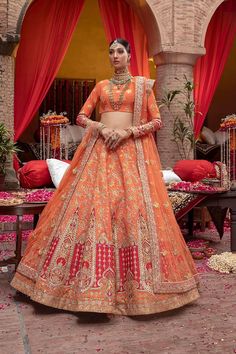 Pakistani Raw Silk Orange Lehenga Choli Dress 2022 Orange Lehenga Color Combos, Lehenga Color Combinations, Golden Dupatta, Nikah Decor, Orange Lehenga, Choli Dress, Raw Silk Lehenga, Resham Work, Raw Silk Fabric