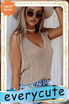 Khaki Hollowed Knit V Neck Tank Top Sleeveless Knit Top For Beach In Fall, Casual Beige Knit Top For Vacation, Casual Brown Sweater Vest For Summer, Casual Beige Knit Top, Chic Knit Sweater Vest For Vacation, Casual Soft Knit Top For Beach, Chic Knitted Sweater For Vacation, Brown Knit Sweater For Casual Wear, V-neck Knit Top For Fall Vacation