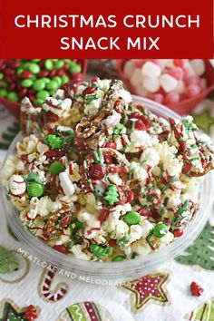 christmas crunch snack mix in a glass bowl