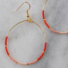 Red Beaded Hoop Earrings Gold Hoops Red Earrings Gift For | Etsy Handmade Red Hoop Earrings For Beach, Red Hoop Earrings With Colorful Beads For Jewelry Making, Gift Hoop Earrings With Heishi Beads, Adjustable Red Hoop Earrings With Dangling Beads, Red Hoop Jewelry With Colorful Beads, Red Beaded Hoop Jewelry, Red Beaded Heishi Beads Jewelry, Red Hoop Earrings With Tiny Beads, Handmade Red Heishi Beads Jewelry