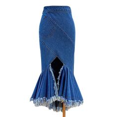 44492718964958|44492718997726|44492719030494 Fitted Denim Blue Skirt With Frayed Hem, Fitted High Waist Skirt With Frayed Hem, Fitted Pencil Skirt With Frayed Hem, Fitted Denim Pencil Skirt With Frayed Hem, Blue Stretch Skirt With Frayed Hem, Denim Bodycon Skirt, Jean Ideas, Light Up Dresses, Denim Skirt Women