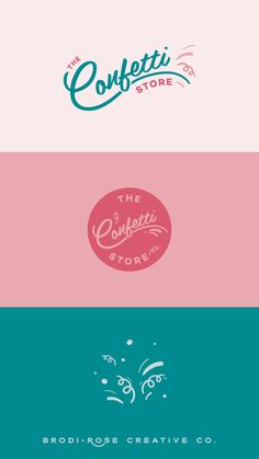 the logo for confetti store is shown in three different colors and font styles