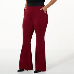 DG2 by Diane Gilman Ponte Knit Pull-On High Rise Flare Pant  Low maintenance, high fashion. Made from a soft, stretch ponte structured knit fabric, these flattering, flared bootcut pants bring effortless sophistication to your wardrobe. Fitted Full-length Dress Pants For Winter, Fitted Burgundy Bottoms With Pockets, Fitted High-waisted Burgundy Pants, Stretch Full-length Dress Pants For Fall, Fitted Wide Leg Burgundy Pants, Stretch Full Length Dress Pants For Fall, Fitted Elastane Pants For Winter, Full Length Stretch Dress Pants For Fall, Fitted Burgundy Pants For Work