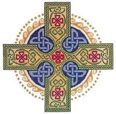 the cross is decorated with colorful designs on white paper and has gold trimmings