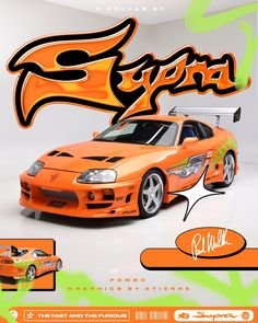 an orange sports car is shown in this advertisement