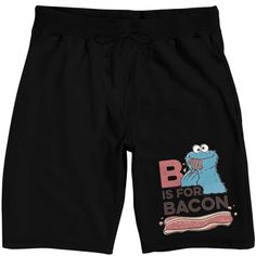 Celebrate your favorite snacks with these Sesame Street sleep pajama shorts. The shorts feature an image of Cookie Monster enjoying a snack while red letters next to him spell out, “B is for Bacon.” The shorts come in black with an elastic waistband. Sesame Street fans will love these comfy sleep pajama shorts. Soldier Silhouette, Lady Logo, Cookie Images, White Lounge, Red Letters, Pajama Robe, French Terry Fabric, Lounge Shorts, Pajama Bottoms