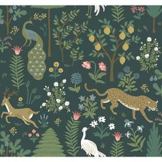 an animal and bird pattern on a green background with trees, flowers, and birds