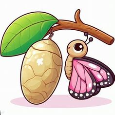 a cartoon butterfly hanging from a branch with a green leaf on it's back