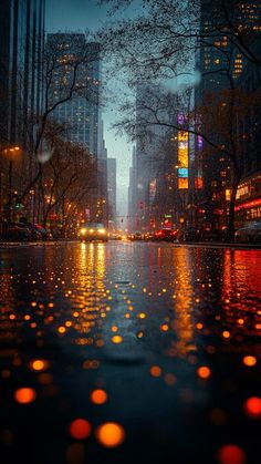 a city street at night with lights reflecting off the wet pavement and buildings in the background