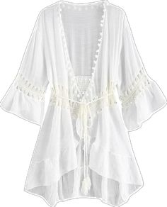 White Open Front Swimwear For Beach Cover-up, Fitted V-neck Beach Cover-up, V-neck Beachwear Cover-up For Day Out, Fitted Bohemian Cover-up For Vacation, Long Sleeve Poolside Cover-up For Vacation, Bohemian White V-neck Swimwear, White Wrap Cover-up For Beach Party, Wrap Beach Dress For Beach Season, White Wrap Cover-up For Spring