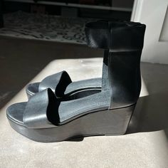 Never Worn Platform Sandals By Seven All Around, Nyc Based Brand. This No.7 Sandals Is From 201& Collection And They No Longer Make Them And Hard To Find. 1” Platform In Front And Wedge 2.75” From The Back. Very Soft Buttery Leather With Japanese Satin Ankle Elastic Wrap. Super Comfy And Sophisticated Looking. No Lowball Offers. Black Ankle Strap Wedge Sandals With Platform, Black Wedge Sandals With Heel And Ankle Strap, Black Leather Ankle-high Sandals, Ankle-high Platform Sandals For Formal Occasions, Black Ankle-high Summer Heels, Black Ankle-high Heels For Summer, Ankle-high Sandals With 4-inch Heel And Medium Width, Summer Black Ankle-high Heels, Formal Ankle-high Platform Sandals