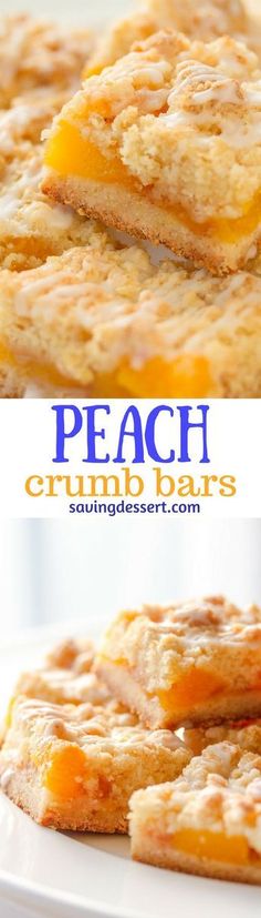 peach crumb bars are stacked on top of each other and ready to be eaten