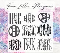 four letter monograms are shown in black and white on a pink flowered background