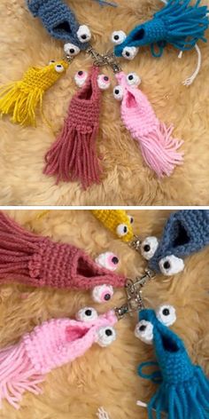 two pictures of the same keychain made out of yarn