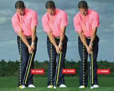 three men in pink shirts playing golf with yellow and black lines on the back of their pants