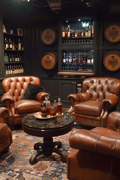 a living room filled with brown leather furniture and lots of bottles on the wall behind it