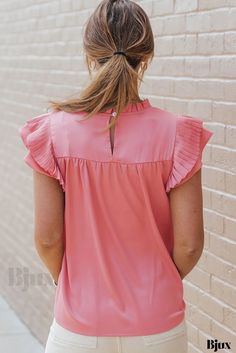 Bjux - Blusa de satén con flecos y manga de volantes y cuello falso con un toque de elegancia Mock Neck Blouse, Daily Style, Southern Belle, Pink Blouse, Pink Satin, Color Rosa, Style Elegant, Body Size, Shoulder Length