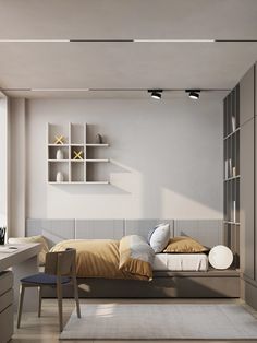 a bedroom with a bed, desk and shelves on the wall next to each other