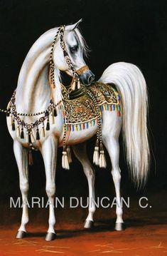 a painting of a white horse with gold chains on it's head and tail