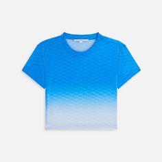 Kith Women Mulberry Monogram Mesh Tee - Chicory Multicolor Mesh Top With Graphic Print, Trendy Blue Mesh Top, Casual Printed Mesh Top, Fitted Sports Top With All Over Print, Blue Mesh Top For Summer, Summer Athleisure Seamless Tops, Summer Athleisure Tops With Seamless Design, Sporty All Over Print Summer Tops, Sporty Summer T-shirt With All Over Print