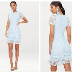 New Item Cute For Various Events. Beautiful Piece. Light Blue Fitted Midi Mini Dress, Fitted Light Blue Midi Mini Dress, Light Blue Lace Trim Dress For Party, Light Blue Lace Trim Party Dress, Light Blue Lace Dress With Lace Trim For Party, Fitted Short Sleeve Lace Dress For Date Night, Fitted Lace Dress With Short Sleeves For Date Night, Blue Mini Lace Dress With Lace Trim, Light Blue Lace Trim Mini Dress