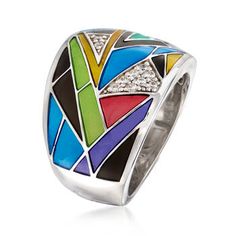 Belle Etoile "Chromatica" Black, Multicolored Enamel Ring, .11ct t. w. Cubic Zirconias. Size 7. Designed to enhance the lifestyle of the modern woman, the dazzling Belle Etoile selection of exquisite jewelry reflects the latest European fashion trends. Belle Etoile jewelry brings high-quality craftsmanship and beautiful designs to the reality show called 'life'. Discover a world of color with the "Chromatica" collection. Shining brightly with panels of multicolored enamel, this radiant ring glis Murano Jewelry, Radiant Ring, Cz Jewelry, Enamel Ring, The Lifestyle, World Of Color, Exquisite Jewelry, Reality Show, European Fashion