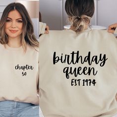 two women wearing sweatshirts with the words birthday queen and est 1911 printed on them