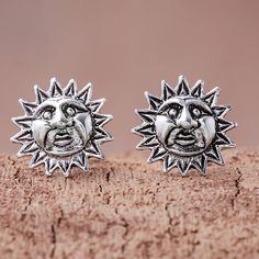 Wadarat Supasirisuk presents a whimsical pair of stud earrings from Thailand. Two suns with adorable features are crafted of sterling silver. A combination of finishes accentuates the design of this accessory. Two Suns, Silver Ear Cuff, Sterling Silver Stud Earrings, Silver Stud Earrings, Baby Halloween, Jewelry Packaging, Sterling Silver Studs, Sterling Silver Earrings Studs, Jewelry Gift Box