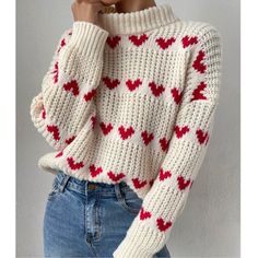 Cozy Heart Print Turtleneck Knit Oversized Sweater Xs S M L Xl, 100% Polyester, Ships In 7-8 Days Pull Crochet, Heart Sweater, Drop Shoulder Sweaters, Cozy Vibes, Loose Outfit, Jacquard Knit, White Sweater, Outfit Casual, Crochet Sweater