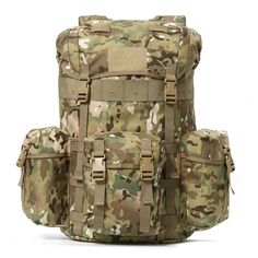 a large backpack with multiple compartments on the front and back, all in camo