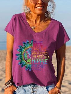 She Has The Soul Of A Gypsy Sunflowers Colorful Graphic Tees Women's Outfits By Occasions, The Soul, Casual T Shirts, Fashion Prints, Wardrobe Essentials, Your Style, Casual Women, Types Of Sleeves, Graphic Tees