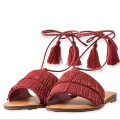 Rose Red Colored On A Flat Slip-On Lace Up Gladiator Sandals Feature An Open Toe With Tiered Fringe Design And Ankle Lace Up Tassel Tie Closure! Fashion Footwear For All Your Summer Activities! Measures Approximately True To Size Shoe Size 8 Material: Cotton Polyester Rubber Sole Upc1281309 Slip-On Ankle Wrap,Fringe Fashion Flat Form Sandals Casual Open Toe Sandals With Tassels, Spring Flat Heel Sandals With Tassels, Closed Toe Sandals With Tassels For Spring, Adjustable Sandals With Tassels For Vacation, Adjustable Tassel Sandals For Vacation, Red Bohemian Sandals For Spring, Spring Sandals With Ankle Strap And Tassels, Red Ankle Strap Sandals For Beach, Red Ankle Strap Sandals For The Beach