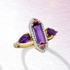 Ross-Simons - 1.90ct t. w. Amethyst, .10ct t. w. Pink Sapphire Ring, .21ct t. w. Diamonds. Size 7. With its vivid hues and exceptional shine, this ring is sure to be a standout favorite in your wardrobe. A gleaming 1.00 carat emerald-cut amethyst is front and center with .10 ct. t. w. pink sapphire rounds at the top and bottom. Two additional .90 ct. t. w. pear-shaped amethysts are at the sides, while .21 ct. t. w. diamonds amp up the sparkle all around. Crafted in 14kt yellow gold. 5/8" wide. D Purple Multi-stone Diamond Ring, Pink Sapphire Ring, Pink Sapphire, Buy 1, Emerald Cut, Pear Shaped, Sapphire Ring, Pear, Emerald