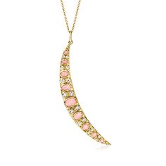 Ross-Simons - Pink Opal, .34ct t. w. Diamond Moon Pendant Necklace in 14kt Yellow Gold. 18". Stylish, slender and celestial, our crescent moon pendant necklace is dotted with a dreamy mix of 2mm round and 3x2-6x4mm oval pink opal cabochons and .34 ct. t. w. round brilliant-cut diamonds. Finely crafted in polished 14kt yellow gold and suspended from a cable chain. Springring clasp, diamond and pink opal moon pendant necklace. Opal birthstones are the perfect gift for October birthdays. October Birthdays, Opal Birthstone, Necklace Opal, Crescent Moon Pendant, Moon Pendant Necklace, Fine Jewelery, Moon Pendant, Pink Opal, Round Brilliant Cut Diamond