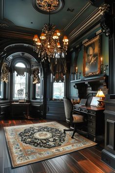 an ornately decorated home office with chandelier