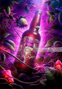 a beer bottle sitting on top of a bed of purple flowers and leaves in front of a bright light