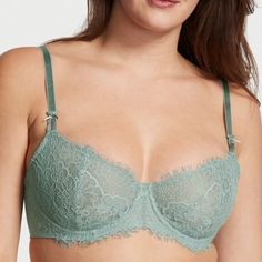 New With Tags Victoria’s Secret Dream Angels Wicked Unlined Lace Balconette Bra Push Up Without Padding Sage Dust Green Get The Push-Up Lift You Love Without Padding In Our Signature Wicked Style. Accented With Romantic Lace And Bows At The Straps. Lift & Lining Unlined With Innovative Sling To Provide Push-Up Without Padding Made With 100% Recycled Cup Lining Underwire Straps & Hooks Fully Adjustable Straps Back Hook-And-Eye Closures Details & Fabric Partially Made From Recycled Materials Hand Elegant Green Bra With Lace Trim, Wing Wing, Push Up Strapless Bra, Dr Wardrobe, Lace Balconette, Balconet Bra, Green Bras, Sheer Bra, Strapless Corset