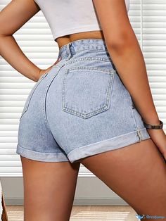 Orcajump - Rolled Hem Light Blue Button Fly Shorts, High Waist Medium Strech Denim Pants With Slash Pockets, Women's Denim Jeans & Clothing Women's Denim Jeans, Women Denim Jeans, Rolled Hem, Jean Outfits, Denim Pants, Denim Jeans, High Waist, Light Blue, High Waisted