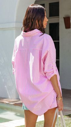 Long Sleeves High Low Hemline Front Button Closures Stripe Design Not Lined  Two-Piece Set Long Sleeve Striped Beach Top, Striped Long Sleeve Beach Top, Striped Long Sleeve Top For Beach, Long Sleeve Pink Shirt For The Beach, Pink Long Sleeve Beach Shirt, Summer Pink Blouse With Pockets, Striped Shirt With Button Closure For Beach, Striped Long Sleeve Summer Blouse, Pink Button-up Summer Tops