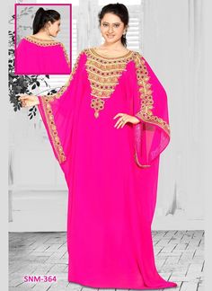 Farasha Style Bell Sleeve Kaftan Zdone, Farasha Style, Georgette Fabric, Pink Color, Handmade, Golden Embroidered – Arabic attire  #kaftanindia #kaftanbatik #kaftanbrukat #kaftanpayet #kaftananak #kaftanmalaysia Print Maxi Dress Outfit, Kaftan Batik, Eid Outfits, Sari Dress, Eid Dresses, Utsav Fashion, Georgette Fabric, Fuchsia Color, Formal Looks