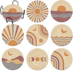 six coasters with different designs on them, each featuring an image of the sun