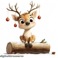 a cute little deer sitting on top of a log with christmas decorations hanging from it's antlers