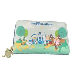 Walt Disney World Loungefly 50 Years Celebration Wallet Mickey And Friends Having Fun In Front Of Cinderella Castle Id Slot Money Slot And 4 Card Slots Dark And Light Blue Interior Gold Tone 50th Hanging Zipper Pull Disney Style Wallets With Card Slots For Disney Trips, Disney Bags With Card Slots For Everyday Use, Disney Travel Wallets In Blue, Blue Disney Wallets For Travel, Disney Blue Travel Wallets, Disney Blue Wallets For Gifts, Disney Blue Wallets For Gift, Light Blue Interior, Friends Having Fun