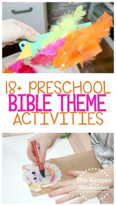 the words preschool bible theme activities are displayed in front of an image of a child's hand holding a paper plate