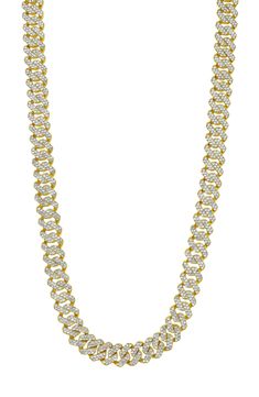 Pavé cubic zirconia bring dazzling shine to a 10mm curb-chain necklace finished in 14-karat yellow gold or white-rhodium plate. 22" length White rhodium plate or 14k-gold plate/cubic zirconia Imported Gold Cubic Zirconia Chain Necklace, White Diamond Cuban Link Necklace, White Cuban Link Necklace In Cubic Zirconia, White Cuban Link Necklace With Cubic Zirconia, Gold Cubic Zirconia Diamond Necklace With Chain Link, White Cubic Zirconia Chain Necklace, Cuban Link Cubic Zirconia Necklace With Gold Chain, White Cuban Link Cubic Zirconia Necklace, Yellow Gold Curb Chain Necklace With Cubic Zirconia