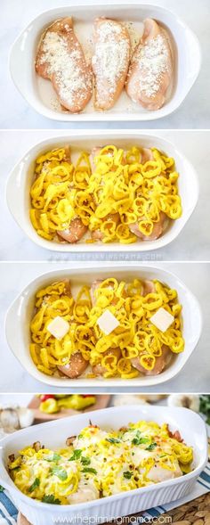 three different dishes with chicken and noodles in them, one has cheese on the top